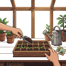 Pixel art of hands filling a seedling tray with soil in a sunny greenhouse