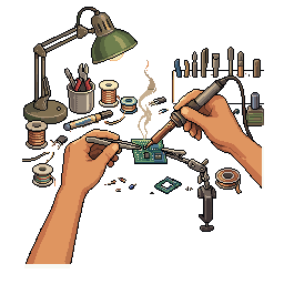 Pixel art of two hands soldering a circuit board at a cluttered workbench