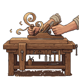 Pixel art of hands smoothing a board with a hand plane, wood shavings curling up