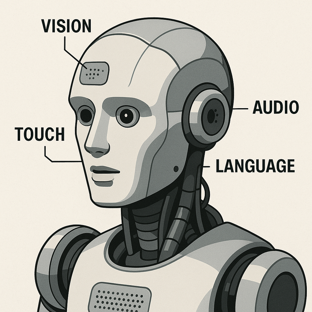 Robot head showing multimodal sensory integration with labels for Vision, Audio, Touch, and Language capabilities