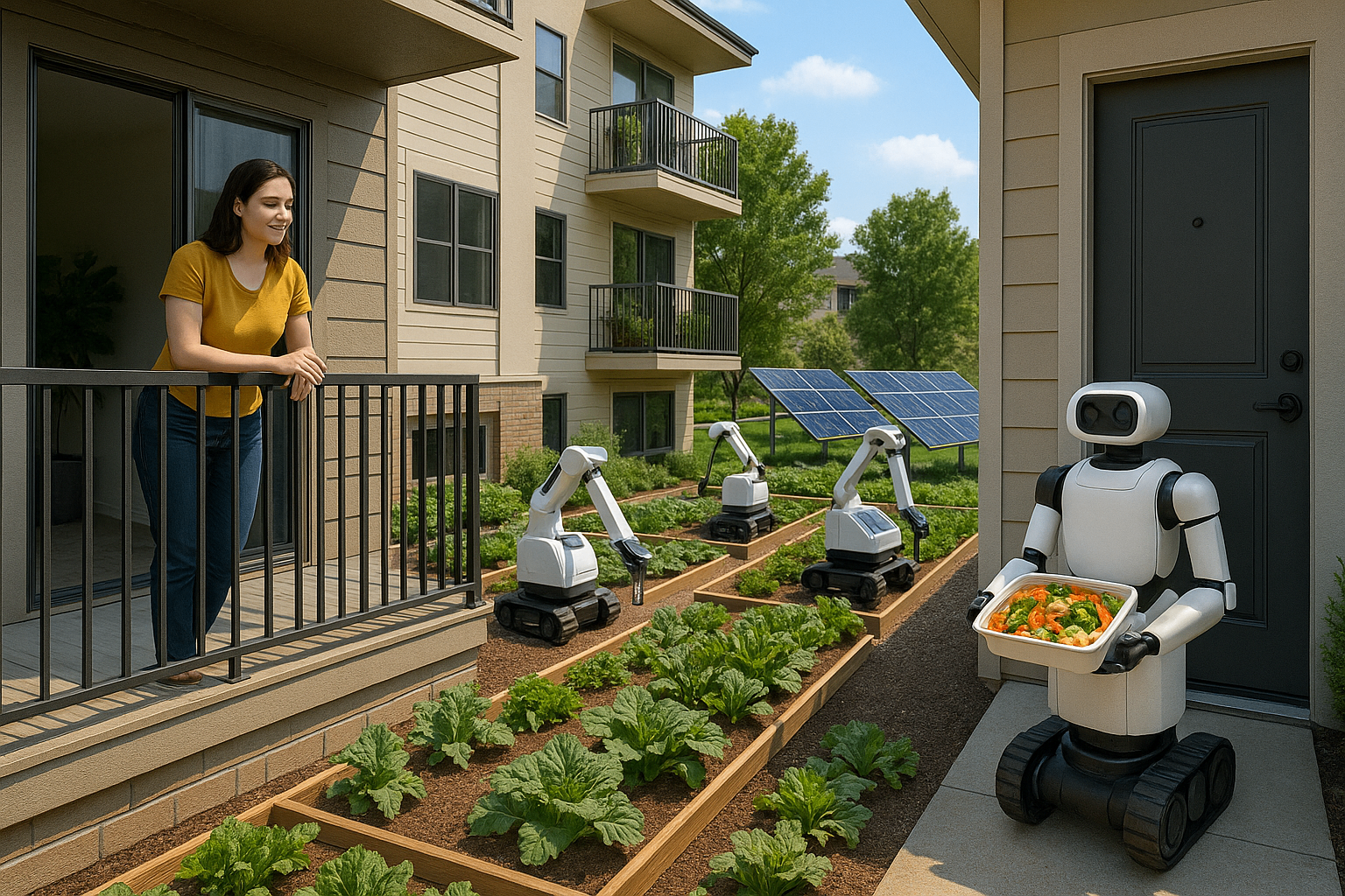 Future community garden with automated systems and robots delivering fresh produce